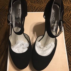 Michael Kors suede, black ankle strap shoes.